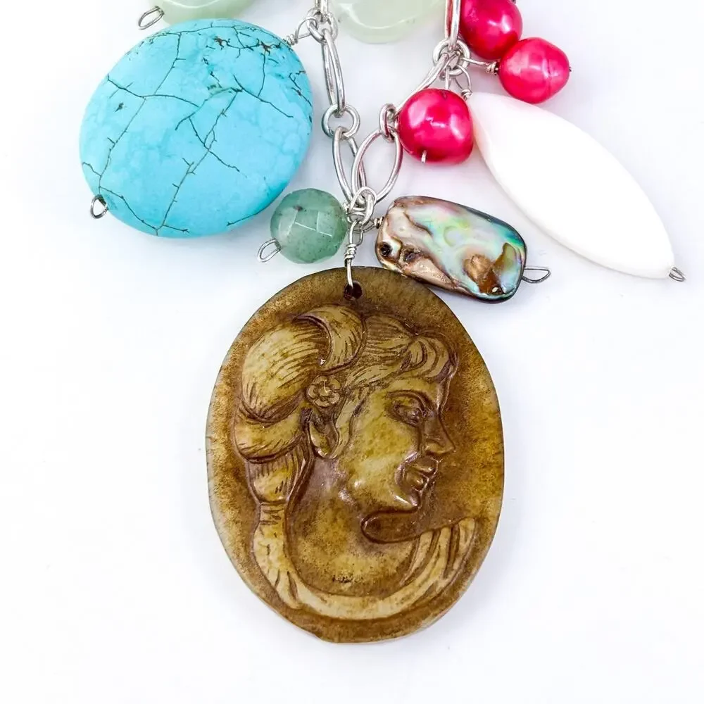 Vintage Sterling Silver 925 Turquoise Pearl Cameo Charm Necklace 17”-19”